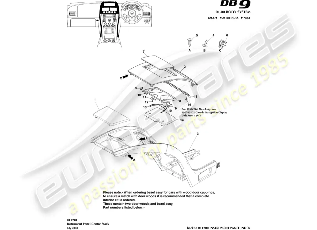 aston martin db9 (2004) instrument panel centre stack parts diagram