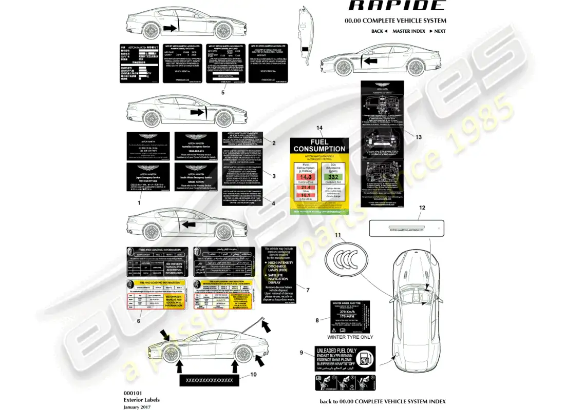 aston martin rapide (2016) exterior labels parts diagram