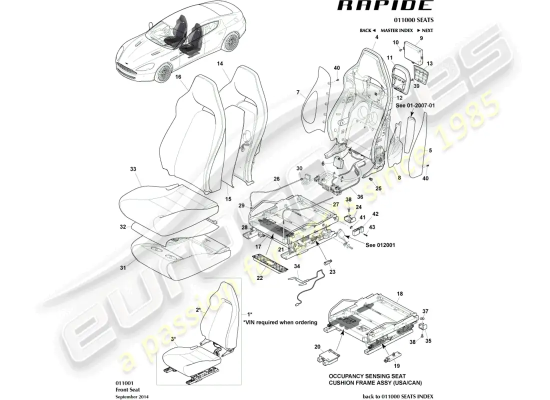 aston martin rapide (2016) front seats parts diagram