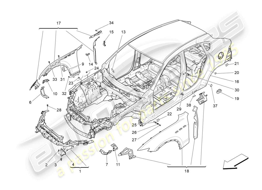 maserati levante modena (2022) bodywork and front outer trim panels part diagram