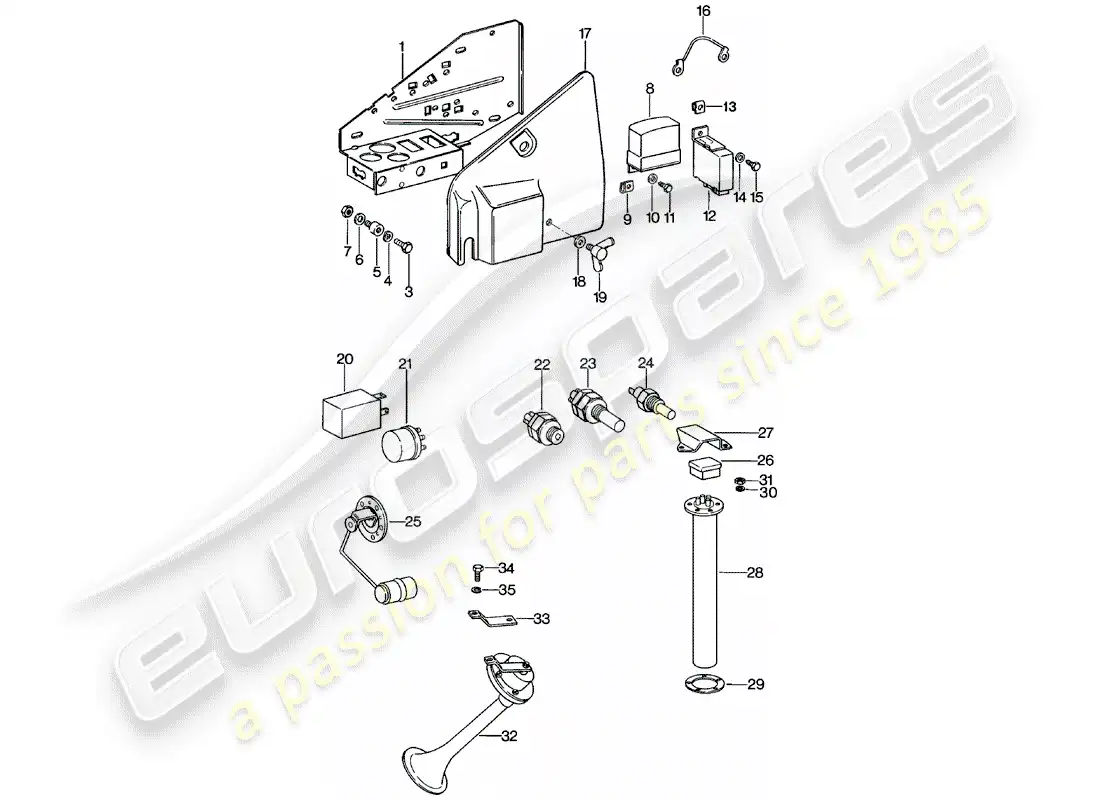 porsche 1981 (911) plate - relay - sensor - fanfare horn parts diagram