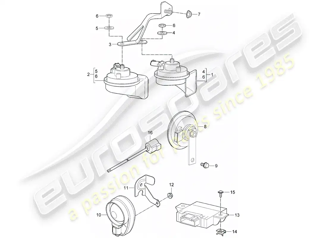 porsche 2013 (997-2 turbo / gt2 rs) fanfare horn parts diagram