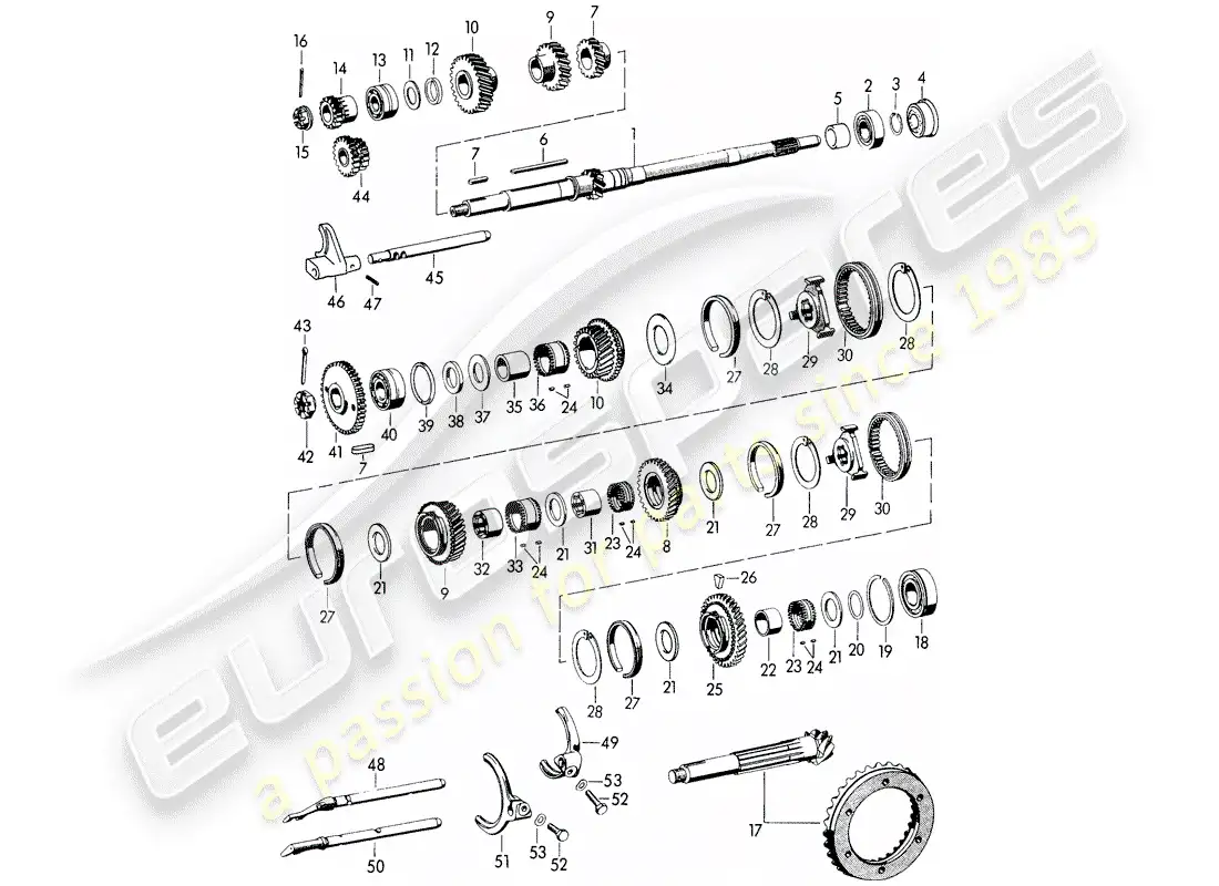 porsche 1953 (356/356a) gears and shafts - for - transmission parts diagram