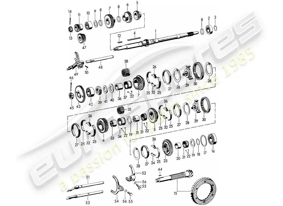 porsche 1961 (356b/356c) speed - transmission - gears and shafts parts diagram