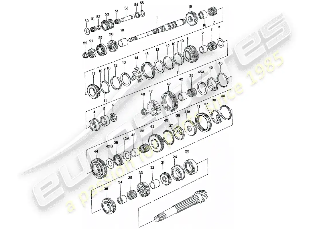 porsche 1979 (924) gears and shafts - 5-speed - transmission - gear wheel sets - 016 z parts diagram