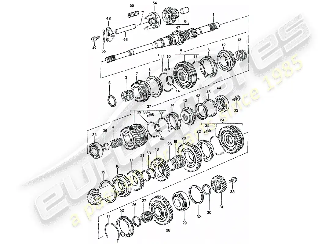 porsche 1986 (924s) gears and shafts - manual gearbox parts diagram