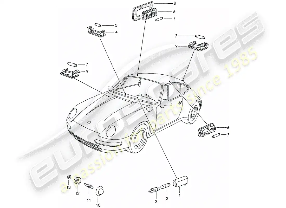 porsche 1997 (993) interior lights - luggage compartment lamp - engine compartment light parts diagram