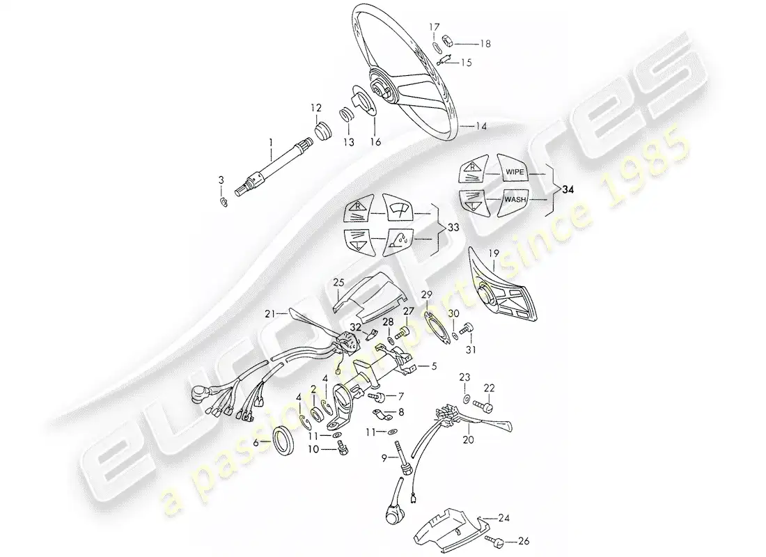 porsche 1973 (911) intermediate steering shaft - steering wheel - steering column switch parts diagram