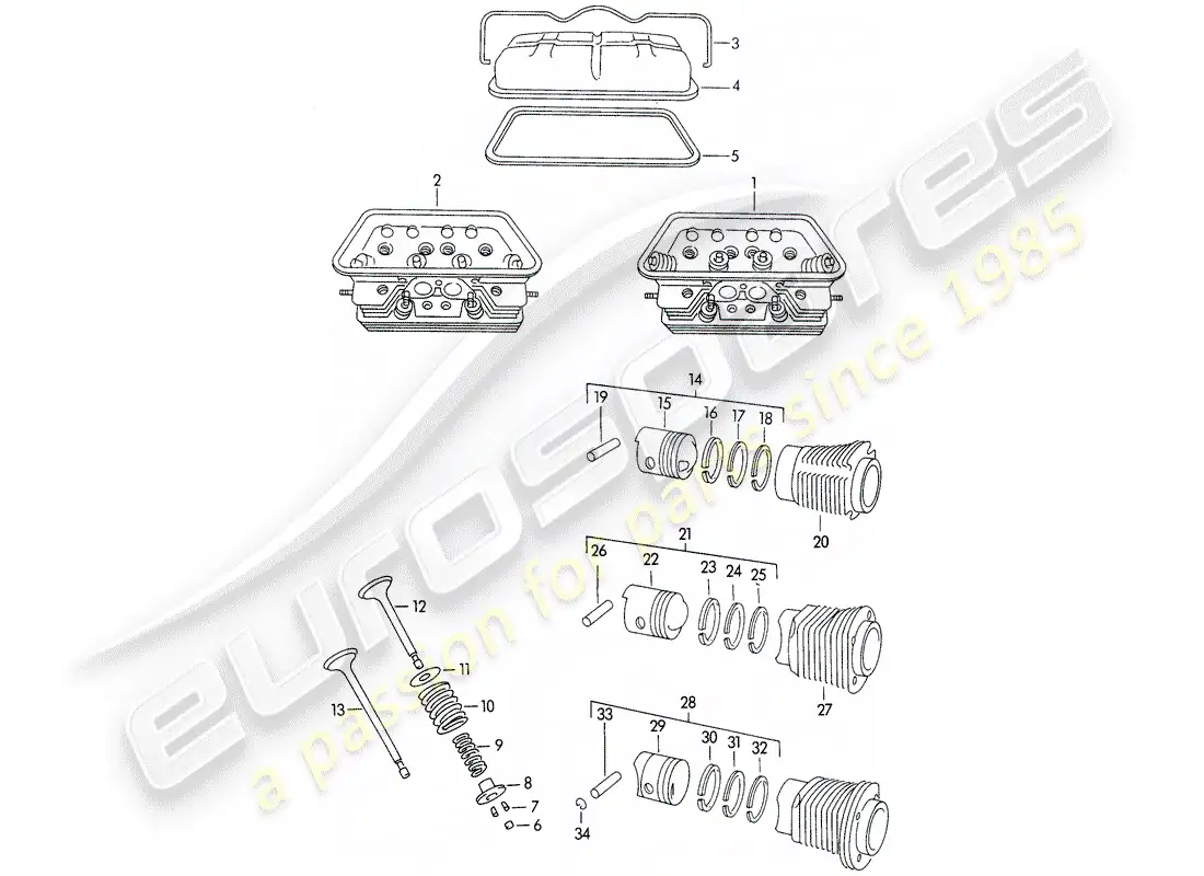 porsche 1957 (356/356a) cylinder head - cylinder with pistons - m >> 10 199 - m >> 21 780 - m >> 50 099 - m >> 21 999 - m >> 33 899 - m >> 40 999 parts diagram
