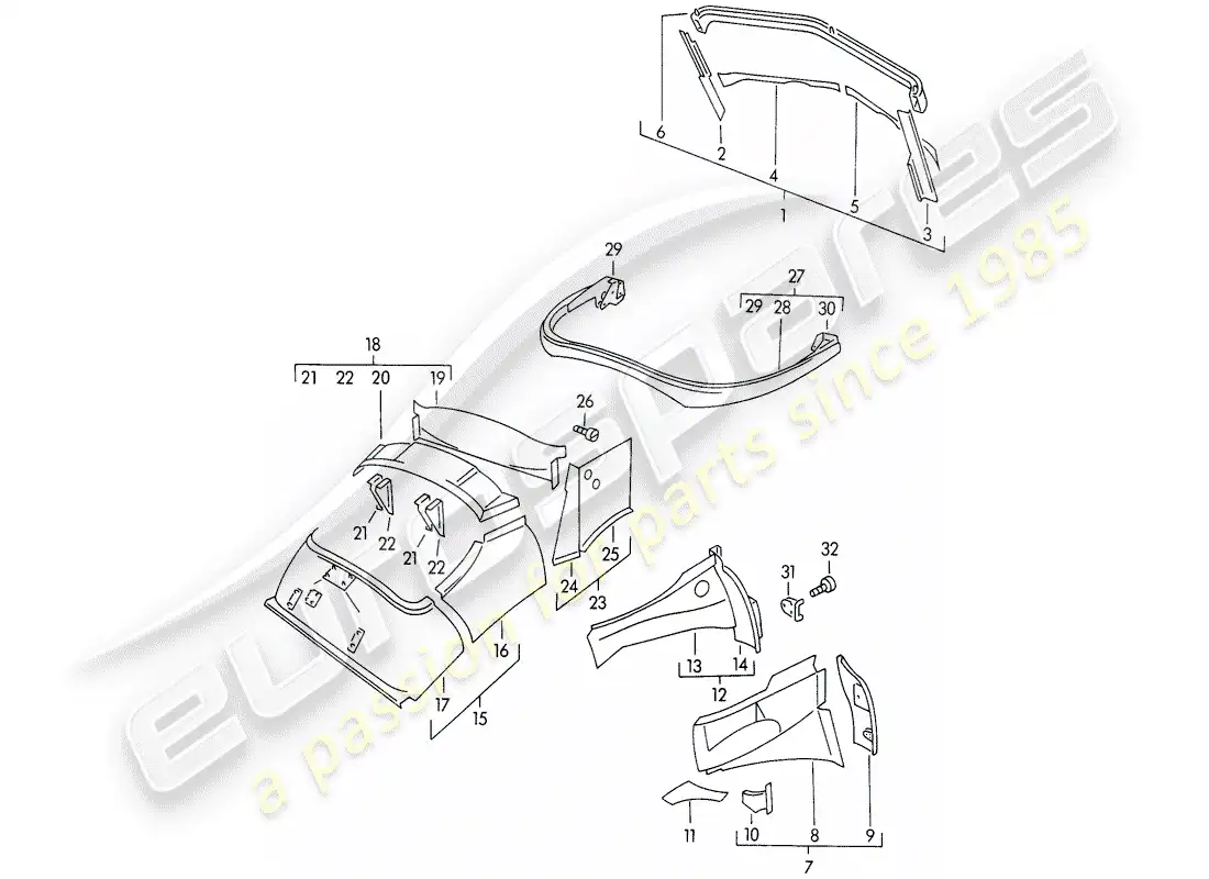 porsche 1958 (356/356a) body shell - interior panelling parts diagram