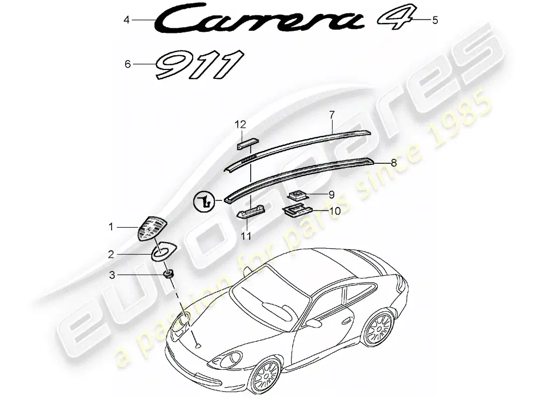 porsche 2001 (996) nameplates - moldings parts diagram