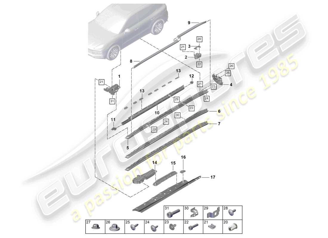 porsche 2022 (cayenne e3 9ya/9yb) side member trim accessories part diagram