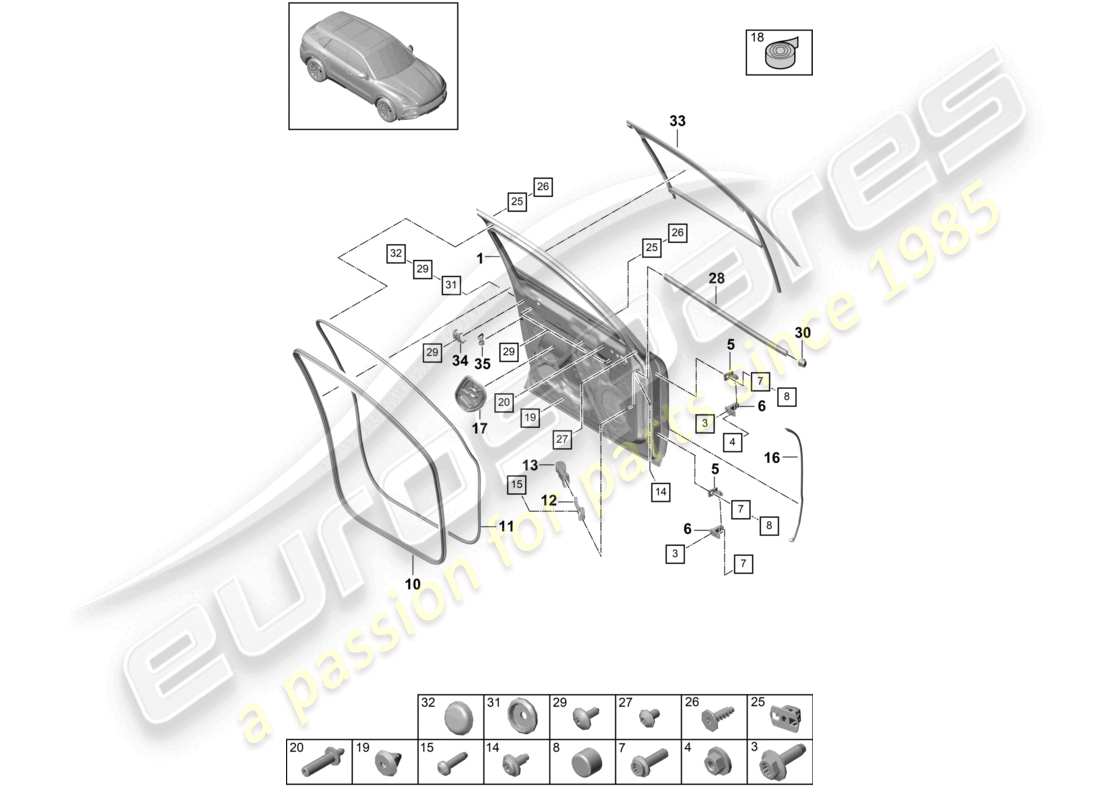 porsche 2023 (cayenne e3 9ya/9yb) door shell front gaskets part diagram