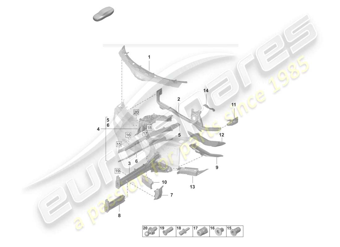 porsche 2020 (taycan 9j1-1) front end side member suspension strut mounting part diagram