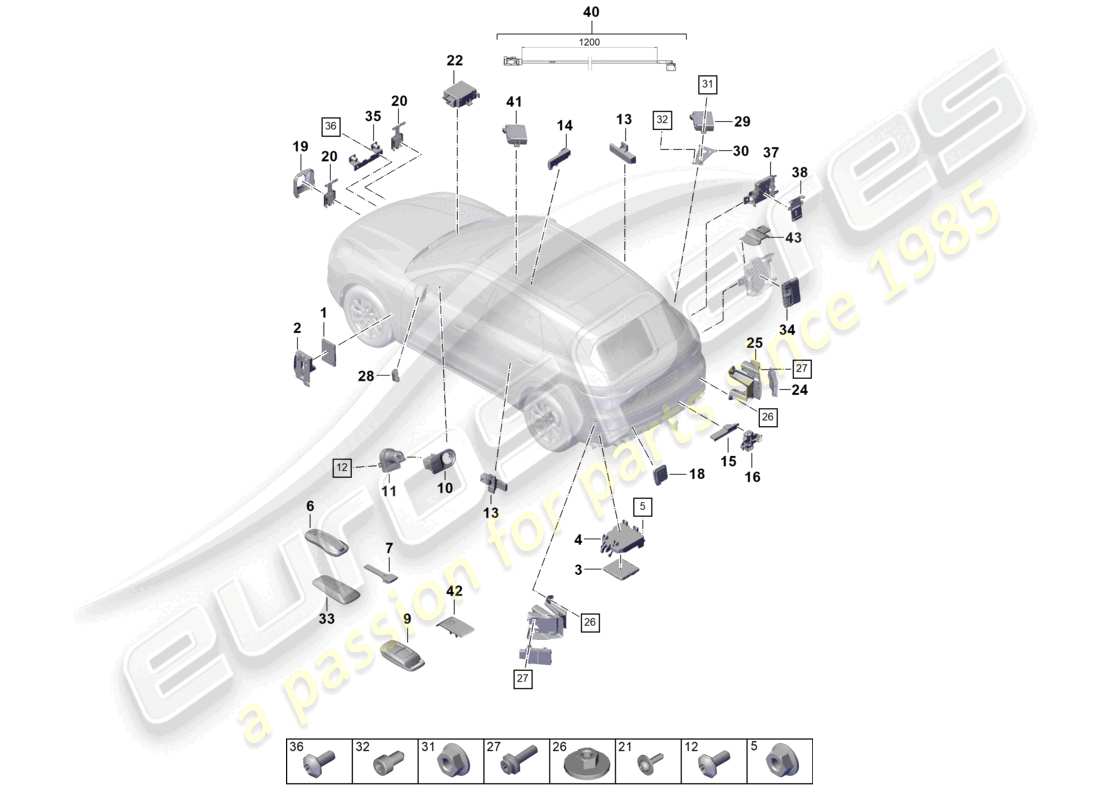 porsche 2022 (cayenne e3 9ya/9yb) control units front end rear end ignition/starter switch handheld transmitter controls for garage door operation receiver unit auxiliary heater aerial control unit for distance regulation control unit for lane change assist spoiler part diagram