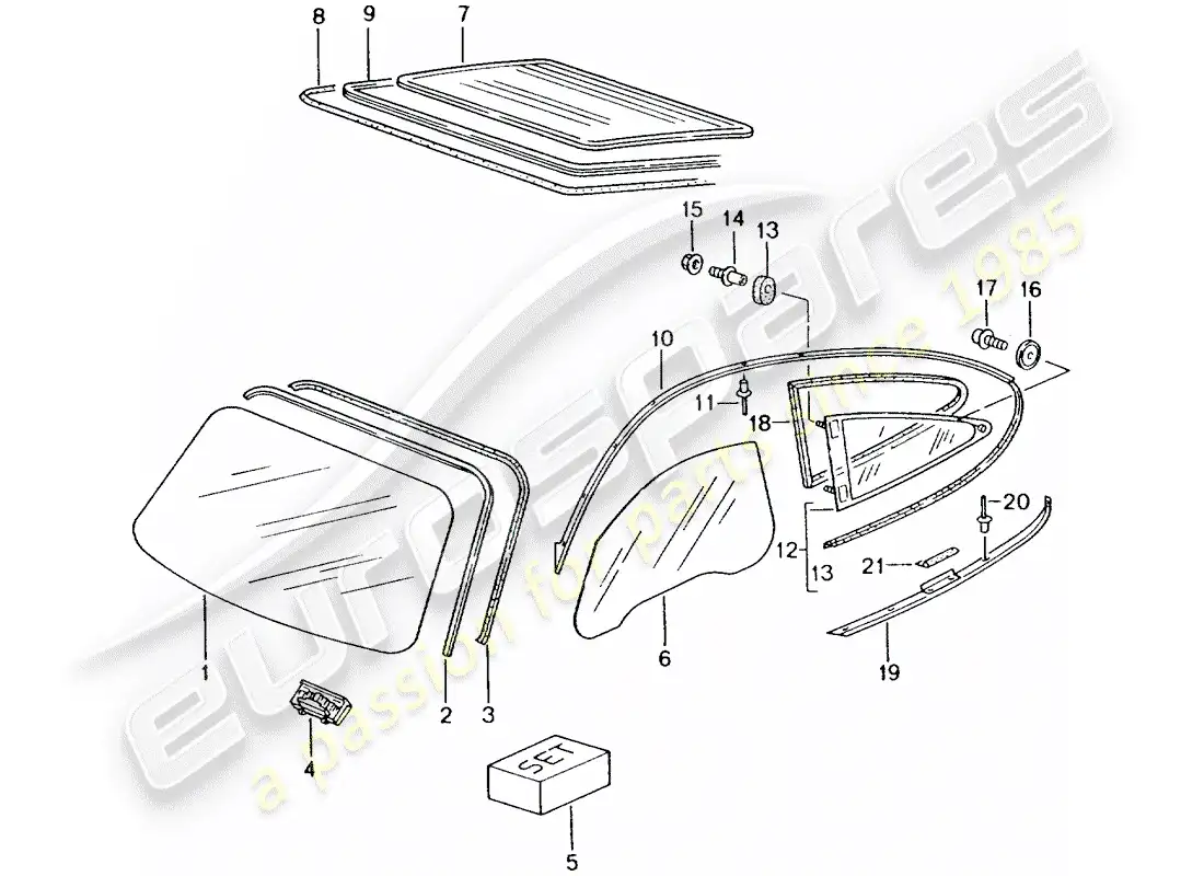 porsche 2003 (996 turbo / gt2) window glasses parts diagram