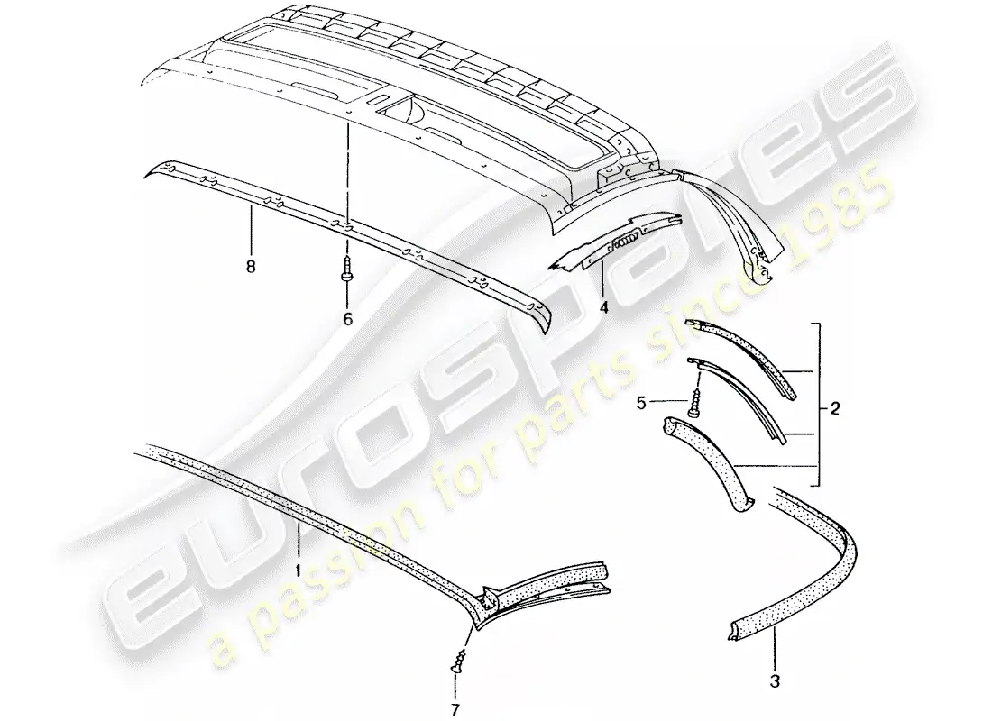 porsche 2002 (986 boxster) convertible top - seal strip parts diagram