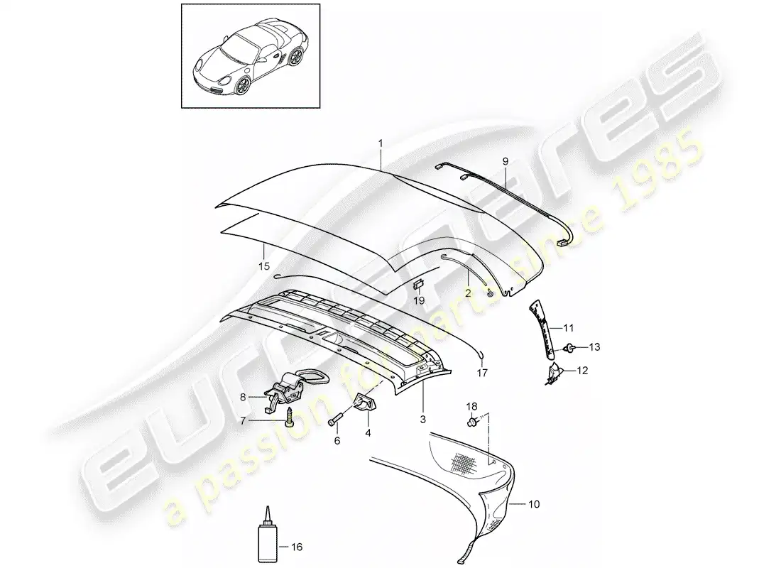porsche 2012 (987 boxster) convertible top covering parts diagram