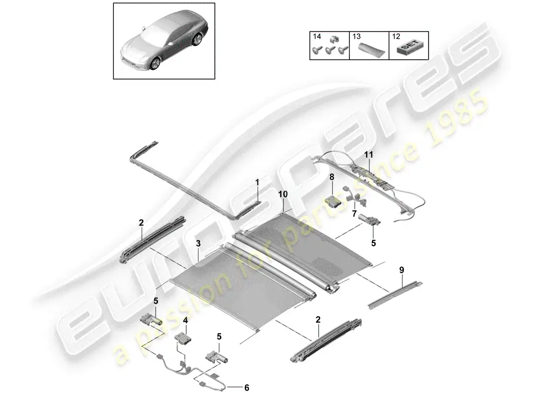 porsche 2019 (panamera 971-1) glass sliding roof parts diagram