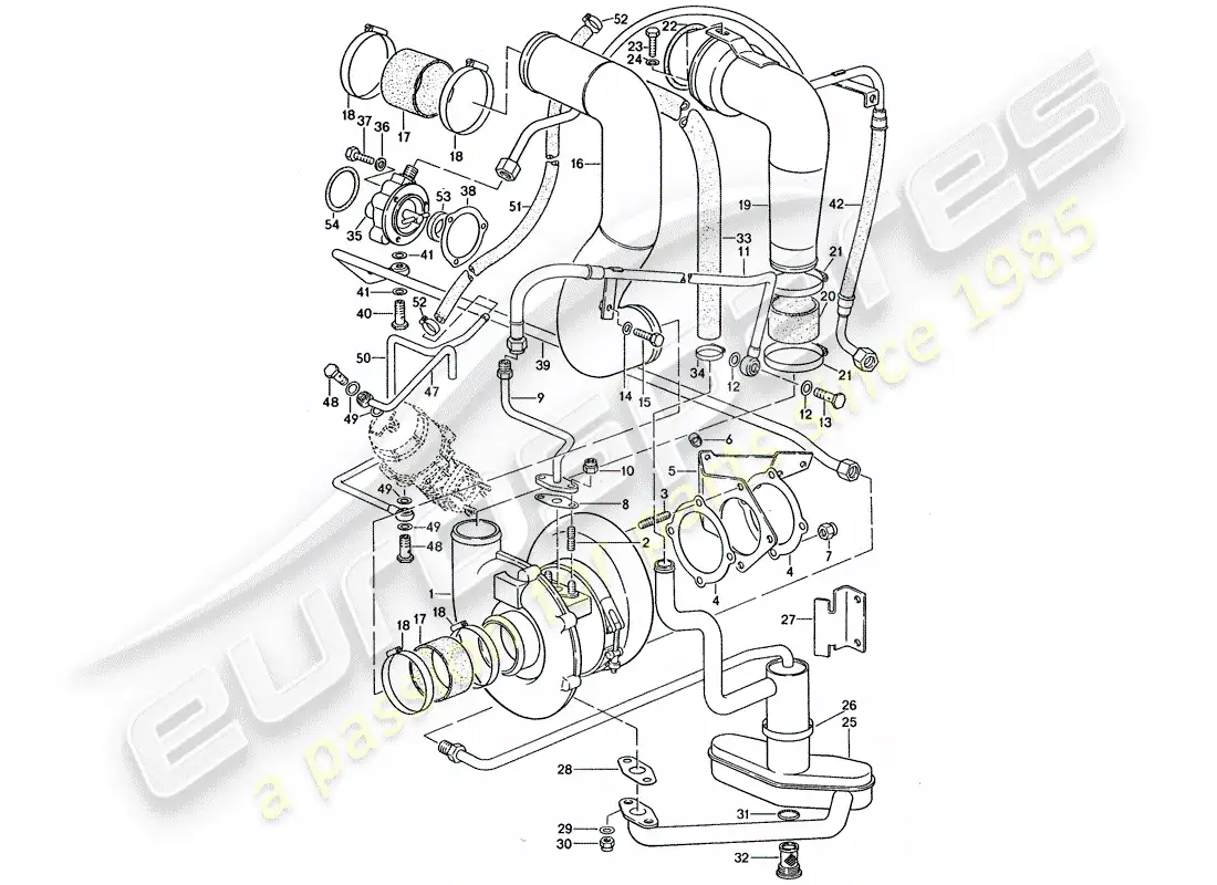 porsche 1975 (911 turbo) exhaust gas turbocharger - and - bypass valve parts diagram