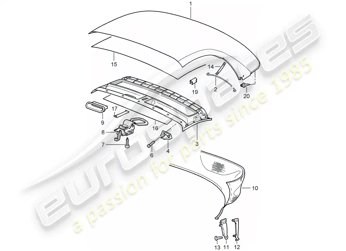 porsche 2002 (986 boxster) convertible top covering - headliner parts diagram