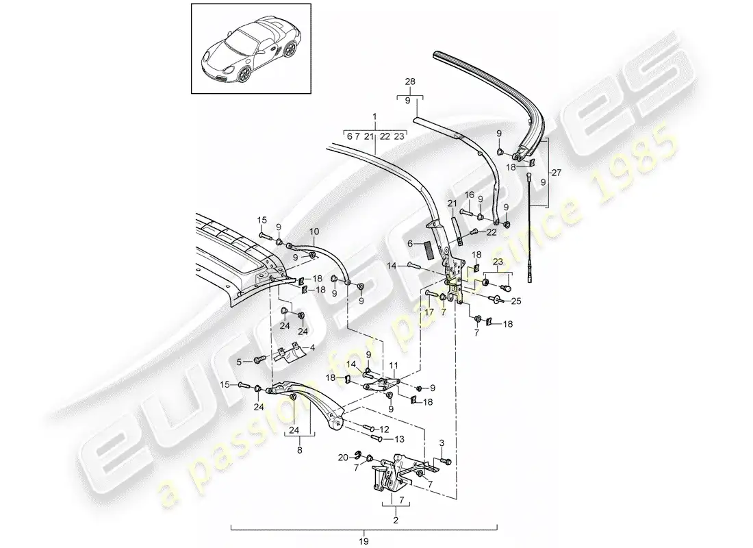 porsche 2005 (987 boxster) top frame parts diagram