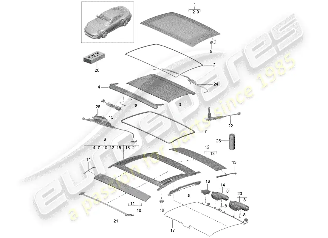 porsche 2016 (991-1 turbo) glass roof parts diagram
