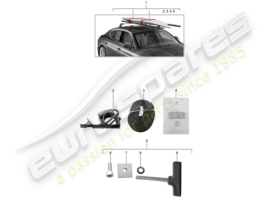 porsche 2016 (tequipment panamera) surf board carrier parts diagram