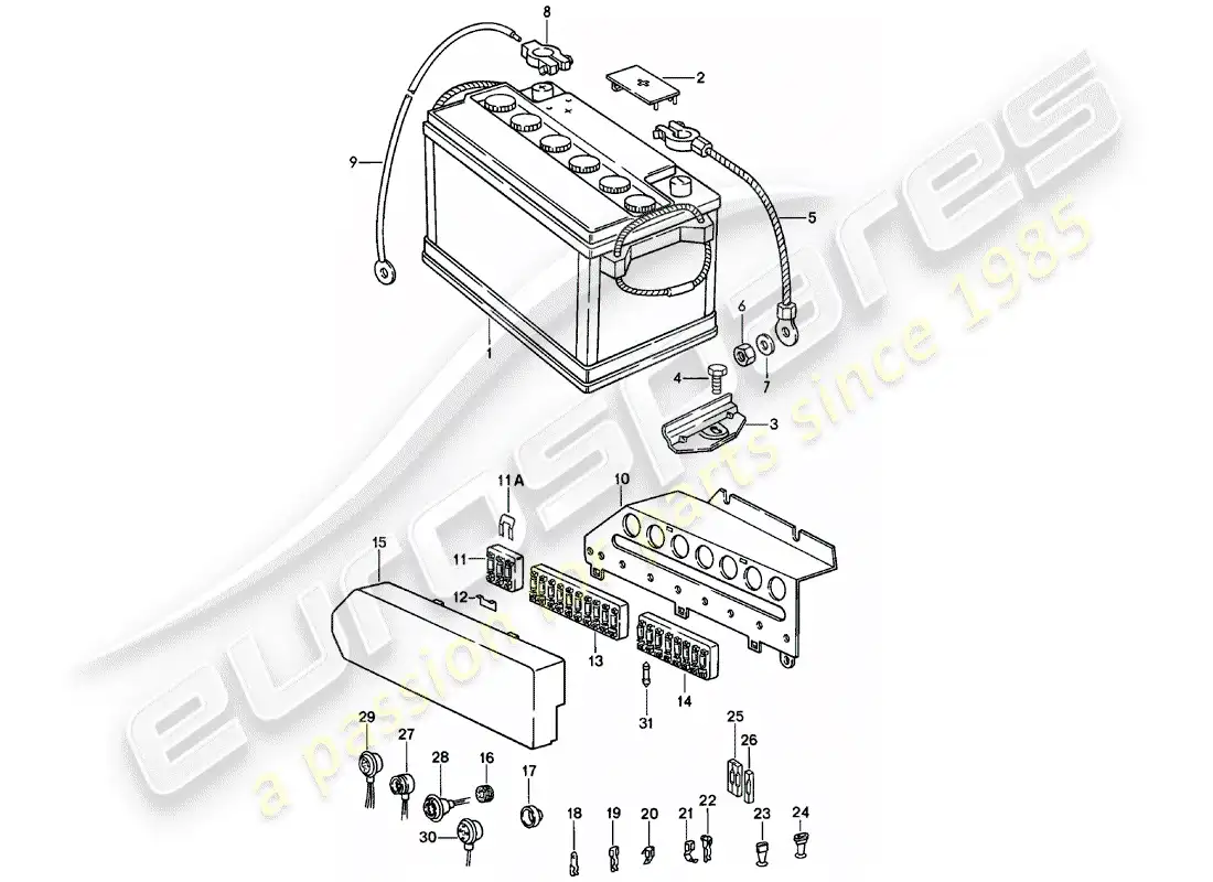 porsche 1980 (911) battery - fuse box parts diagram