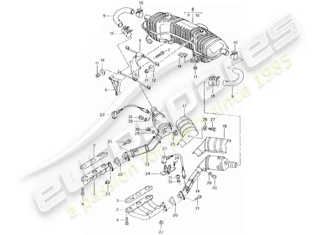 porsche 1998 (986 boxster) exhaust system - m 96.20 parts diagram