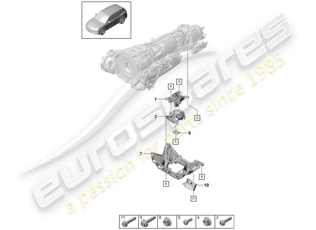 porsche 2020 (cayenne e3 9ya/9yb) gearbox mounting part diagram