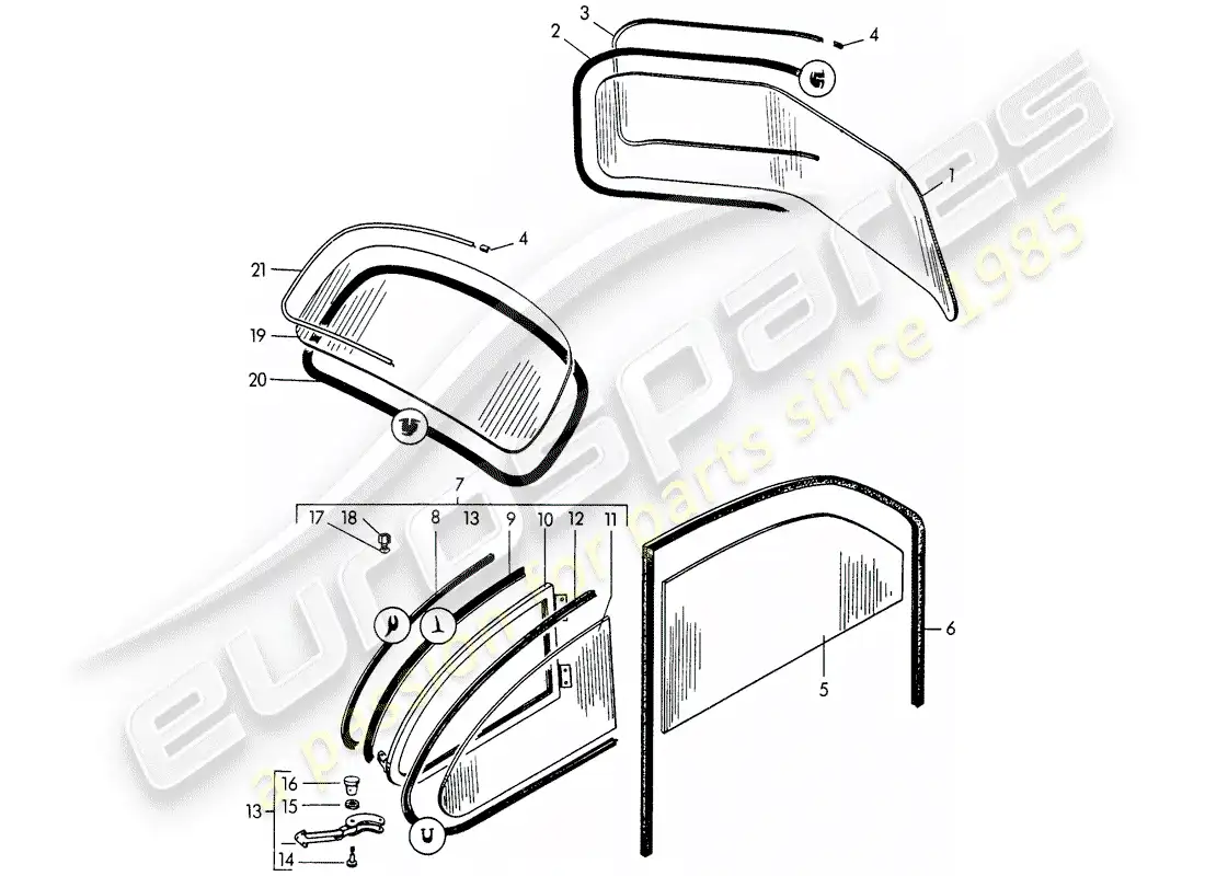 porsche 1954 (356/356a) window glazing parts diagram