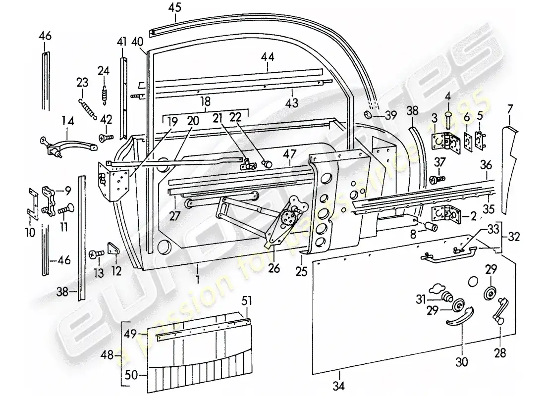 porsche 1954 (356/356a) door - with: parts diagram
