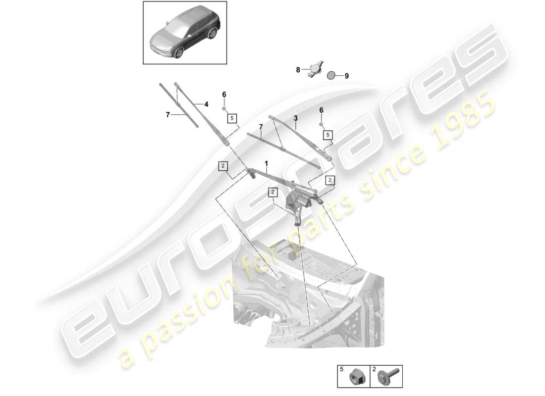 porsche 2021 (cayenne e3 9ya/9yb) windscreen wiper system, compl rain sensor part diagram