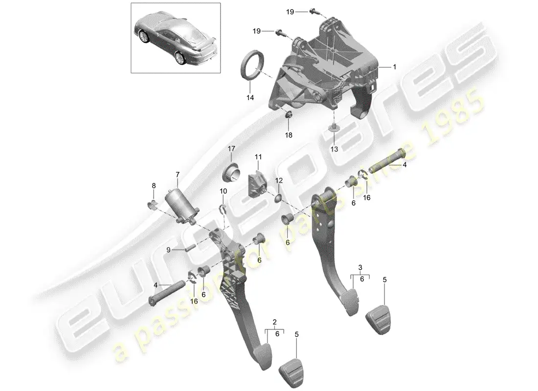 porsche 2015 (991-1 r/gt3/rs) brake and acc. pedal assembly parts diagram