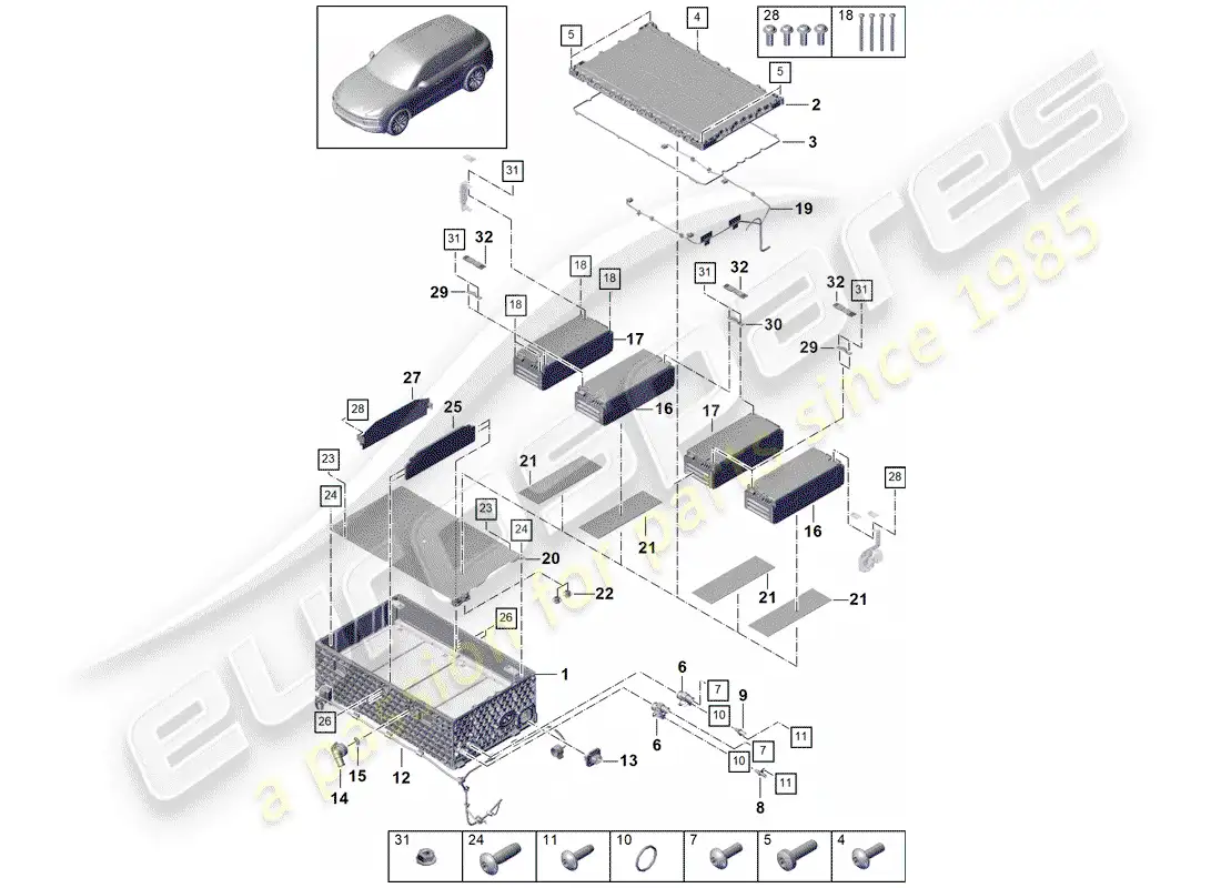porsche 2020 (cayenne e3 9ya/9yb) hybrid battery parts diagram