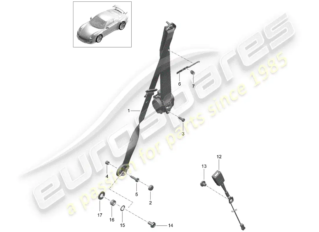 porsche 2014 (991-1 r/gt3/rs) three-point seat belt parts diagram
