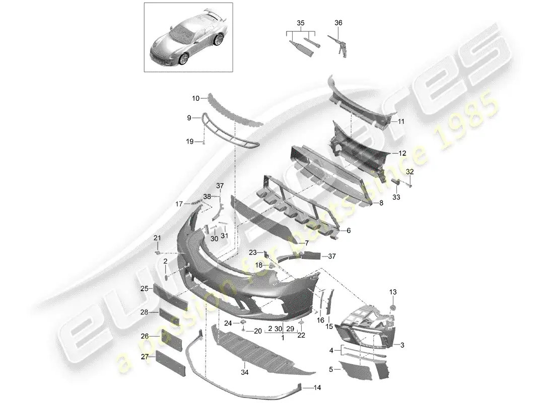 porsche 2014 (991-1 r/gt3/rs) bumper parts diagram