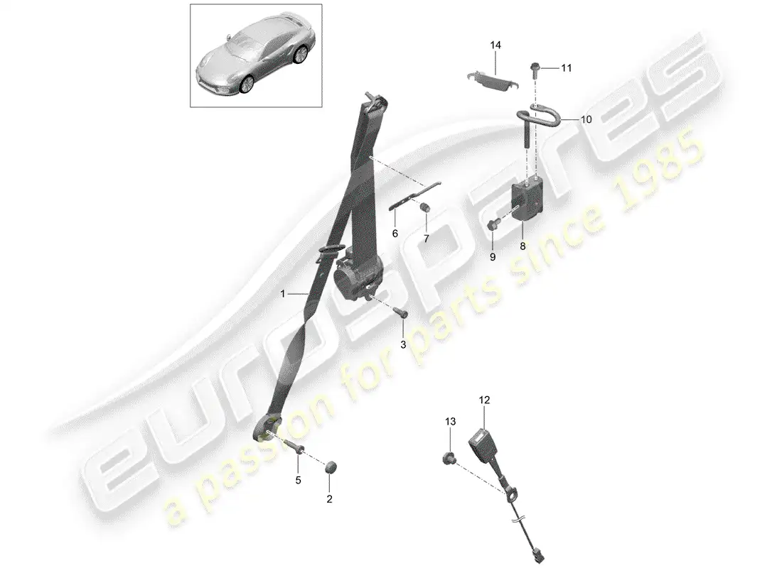 porsche 2016 (991-1 turbo) three-point seat belt parts diagram