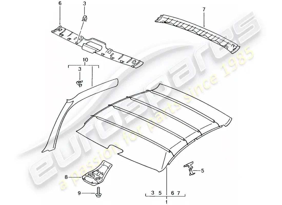 porsche 2005 (996 gt3) roof trim panel parts diagram