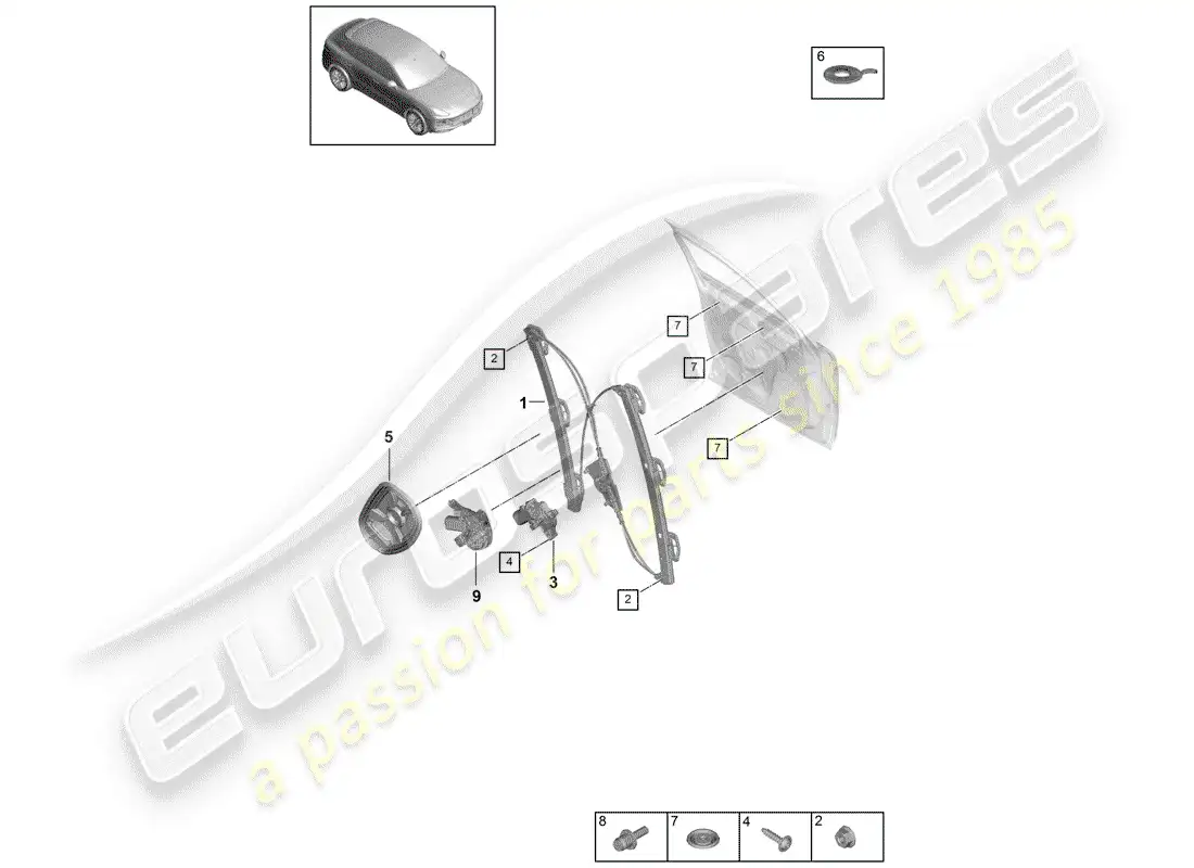 porsche 2020 (cayenne e3 9ya/9yb) window regulator parts diagram