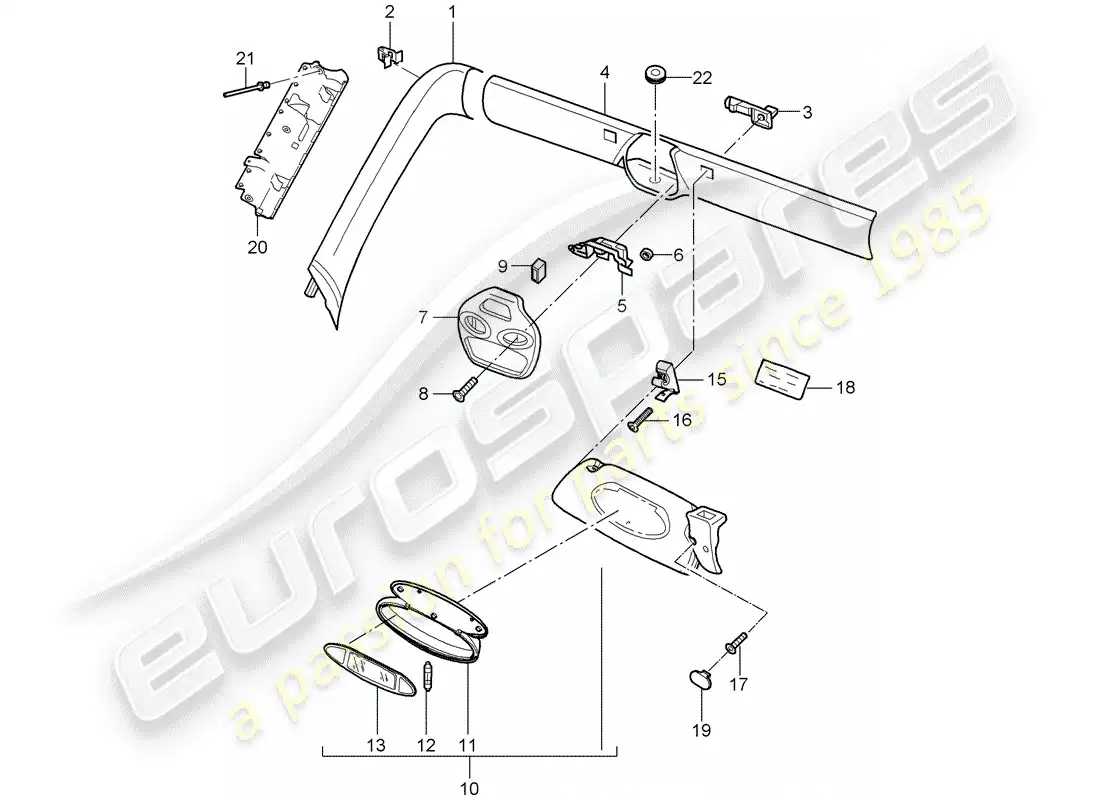 porsche 2000 (996) windshield frame - windshield frame - sun vizors - sun vizors parts diagram