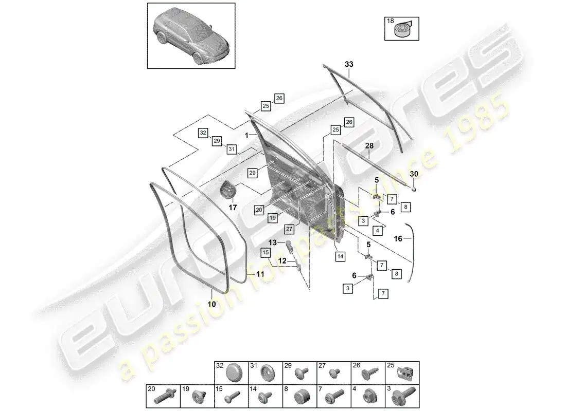 porsche 2020 (cayenne e3 9ya/9yb) door shell part diagram