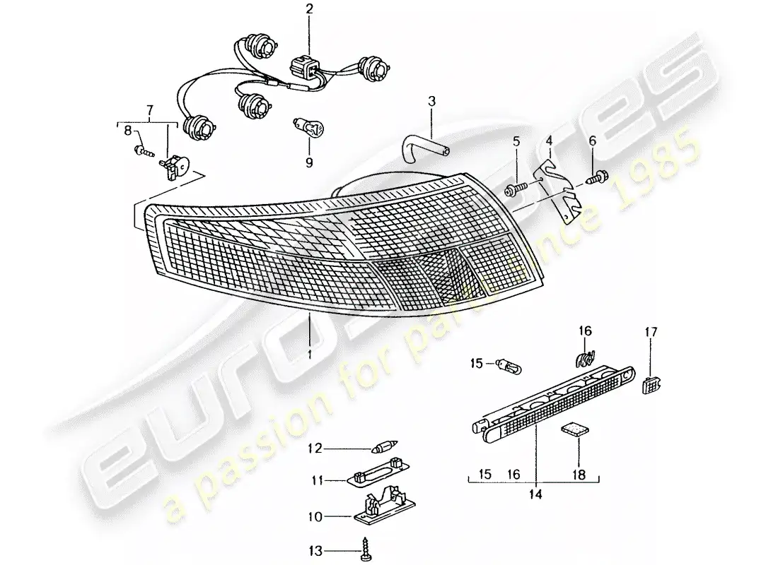 porsche 2002 (996) rear light - license plate light - additional brake light parts diagram
