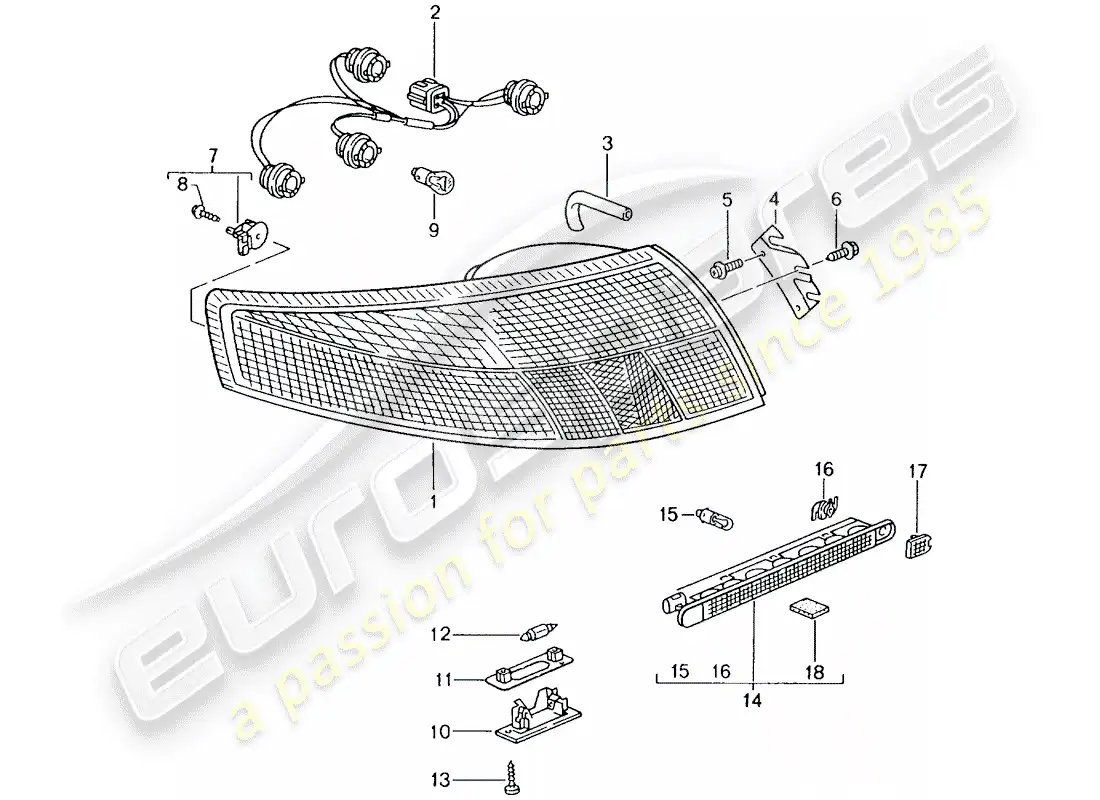 porsche 2002 (996 gt3) rear light - license plate light - additional brake light parts diagram