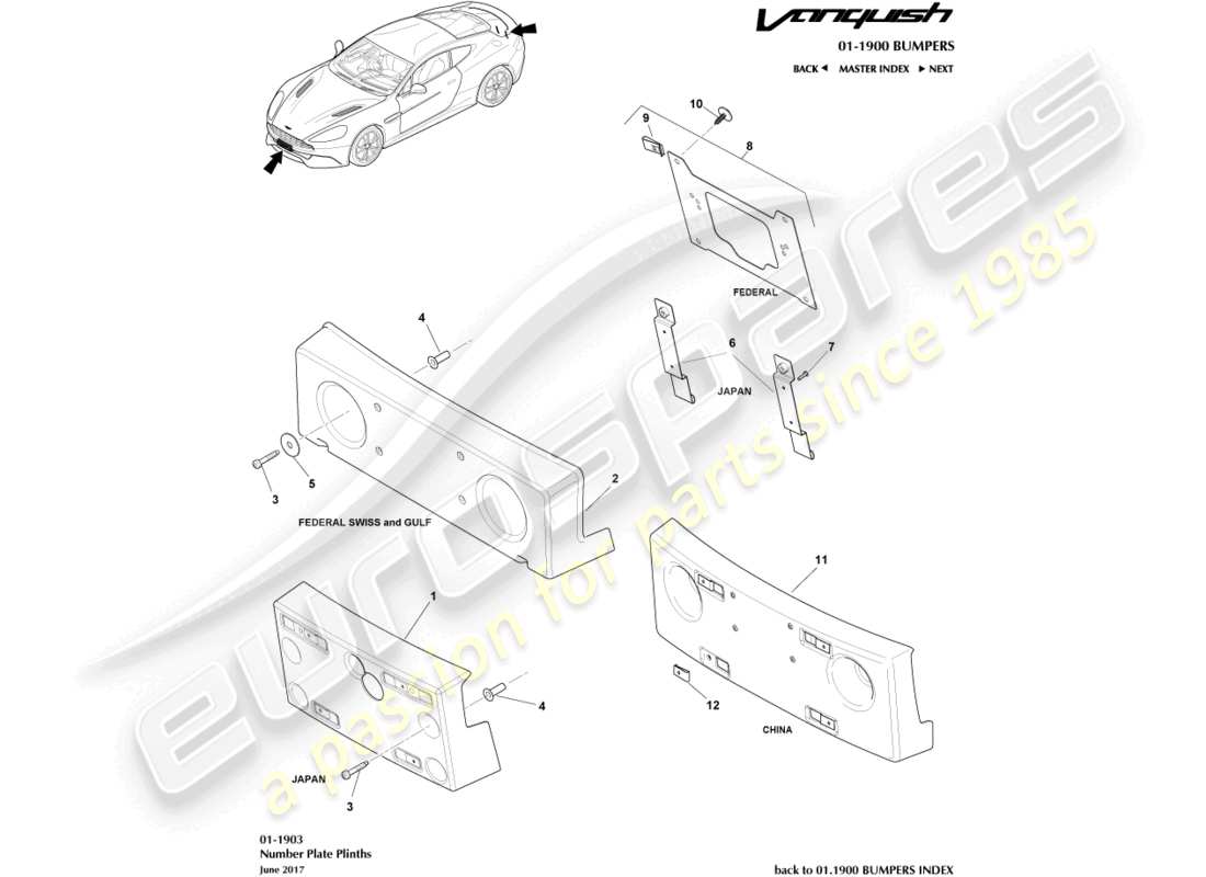 aston martin vanquish (2017) number plate plinths part diagram