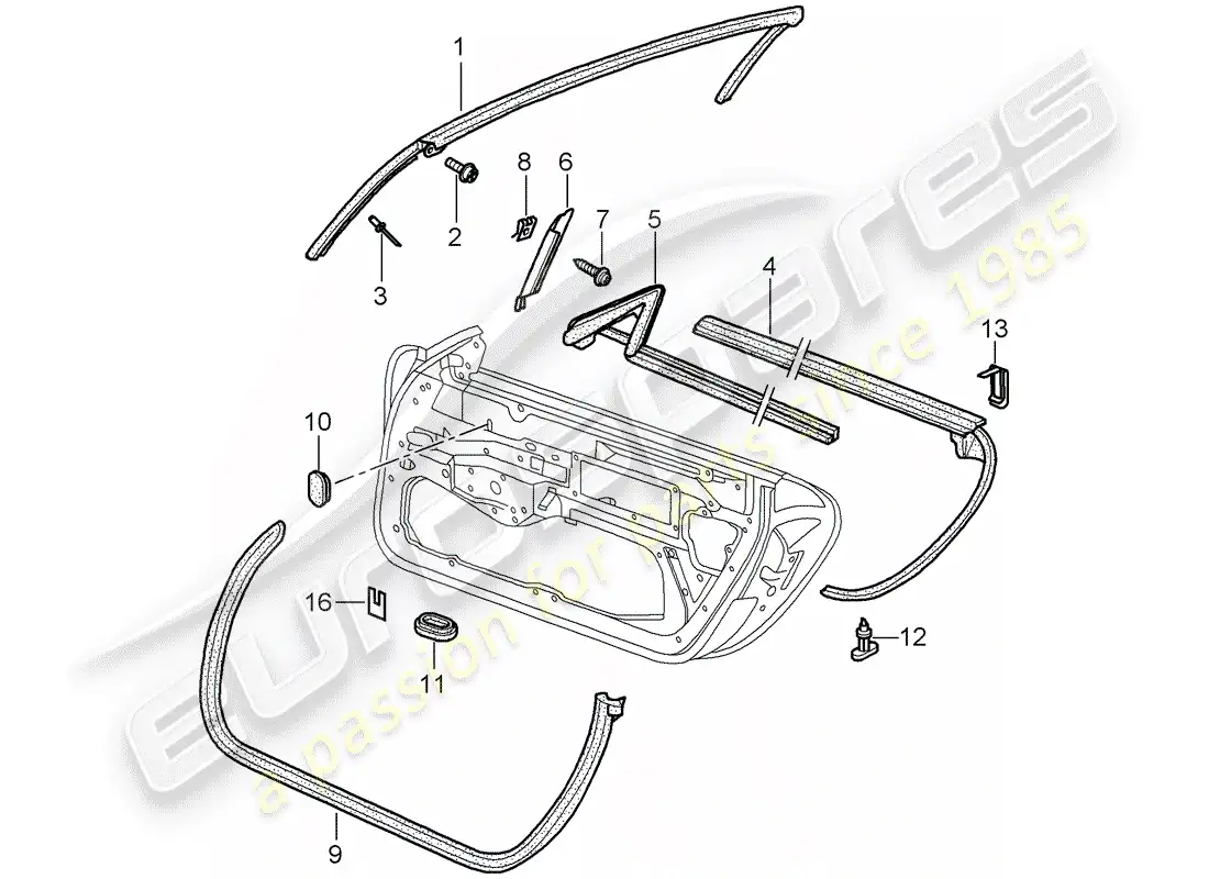 porsche 2002 (996) door seal - gasket - windshield frame parts diagram