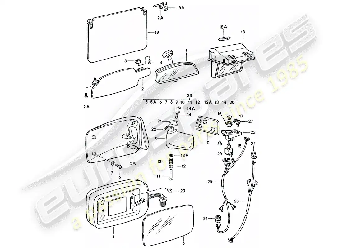 porsche 1986 (928) rear view mirror inner - sun vizor - rear view mirror parts diagram