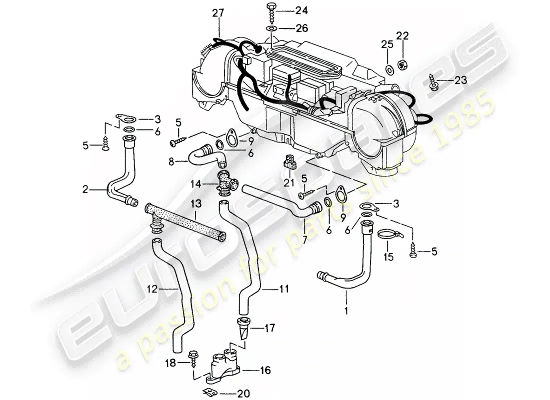 porsche 1994 (993) water drain pipe - mount - harness - heater - air conditioner parts diagram
