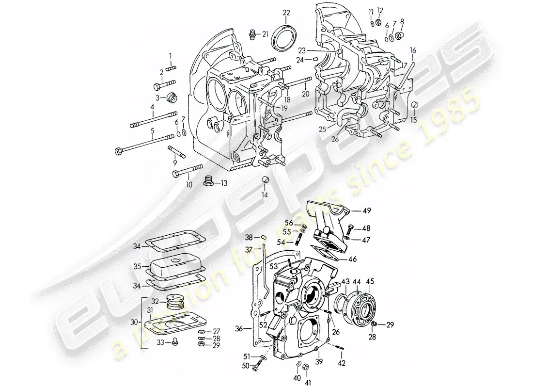 porsche 1954 (356/356a) crankcase - m 22 001 >> - m 50 101 >> - m 33 901 >> - m 41 001 >> - m 60 001 >> - m 80 001 >> parts diagram